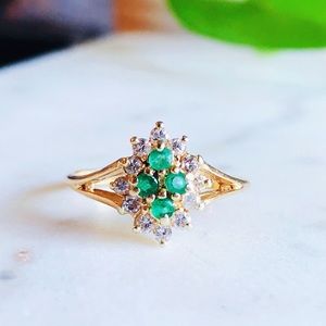 Estate 14K Gold Diamond Emerald Cluster Ring